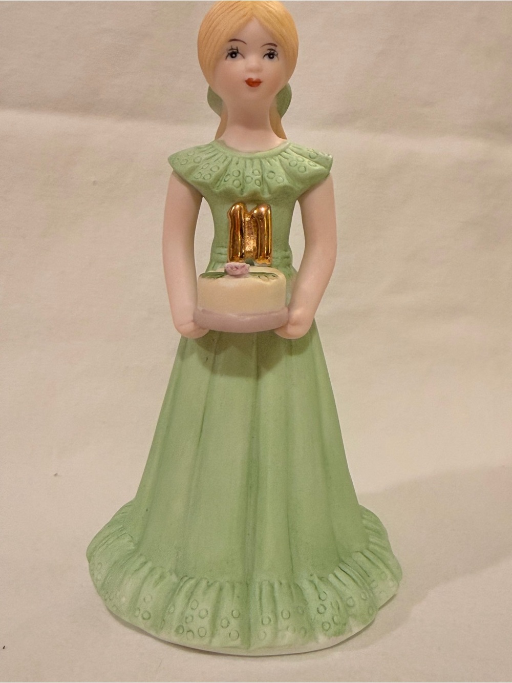 Enesco Girl Figurine in Mint Green Dress with Gold Cake Accent